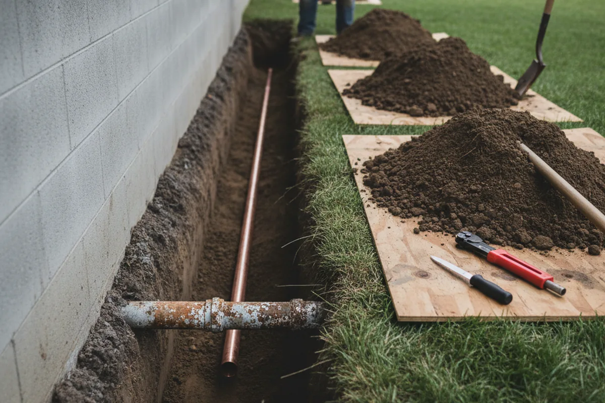 Excavated water line trench during Sewer Line Repair in Hacienda Heights